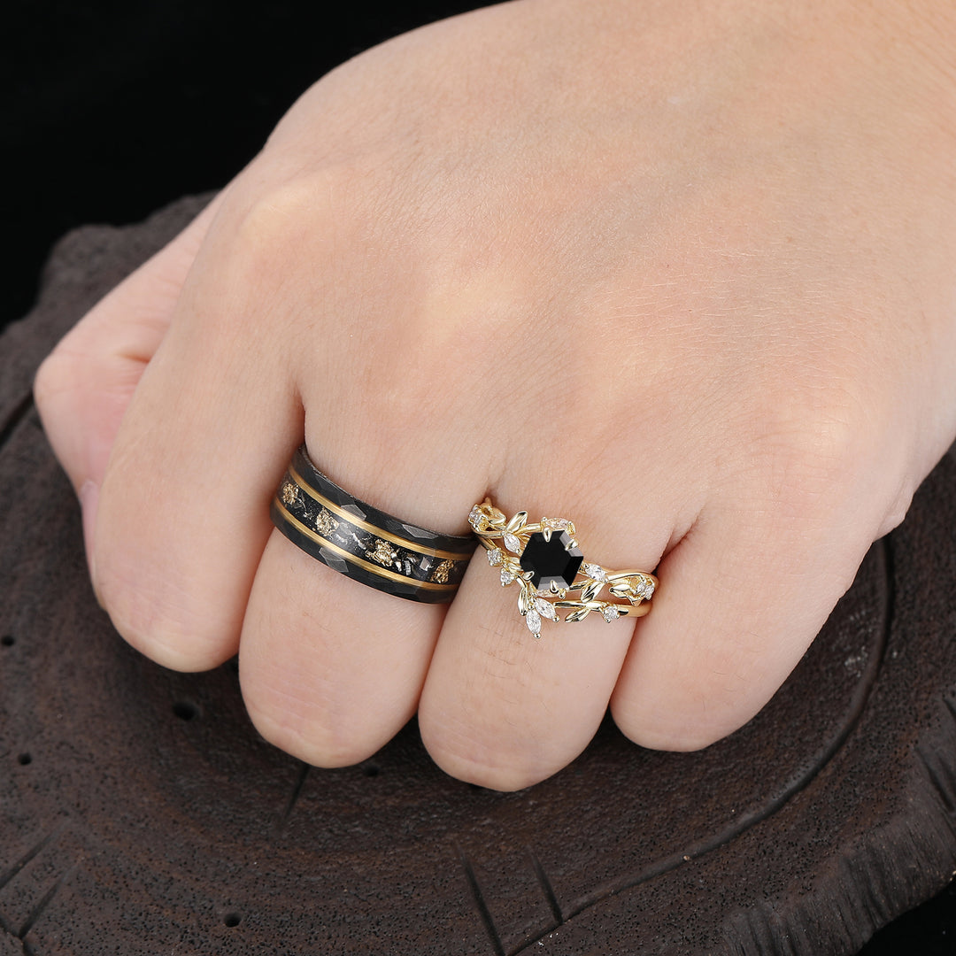 Exquis ensemble de bagues pour couple en onyx noir d'inspiration naturelle, design unique en forme de feuille, bagues pour lui et pour elle