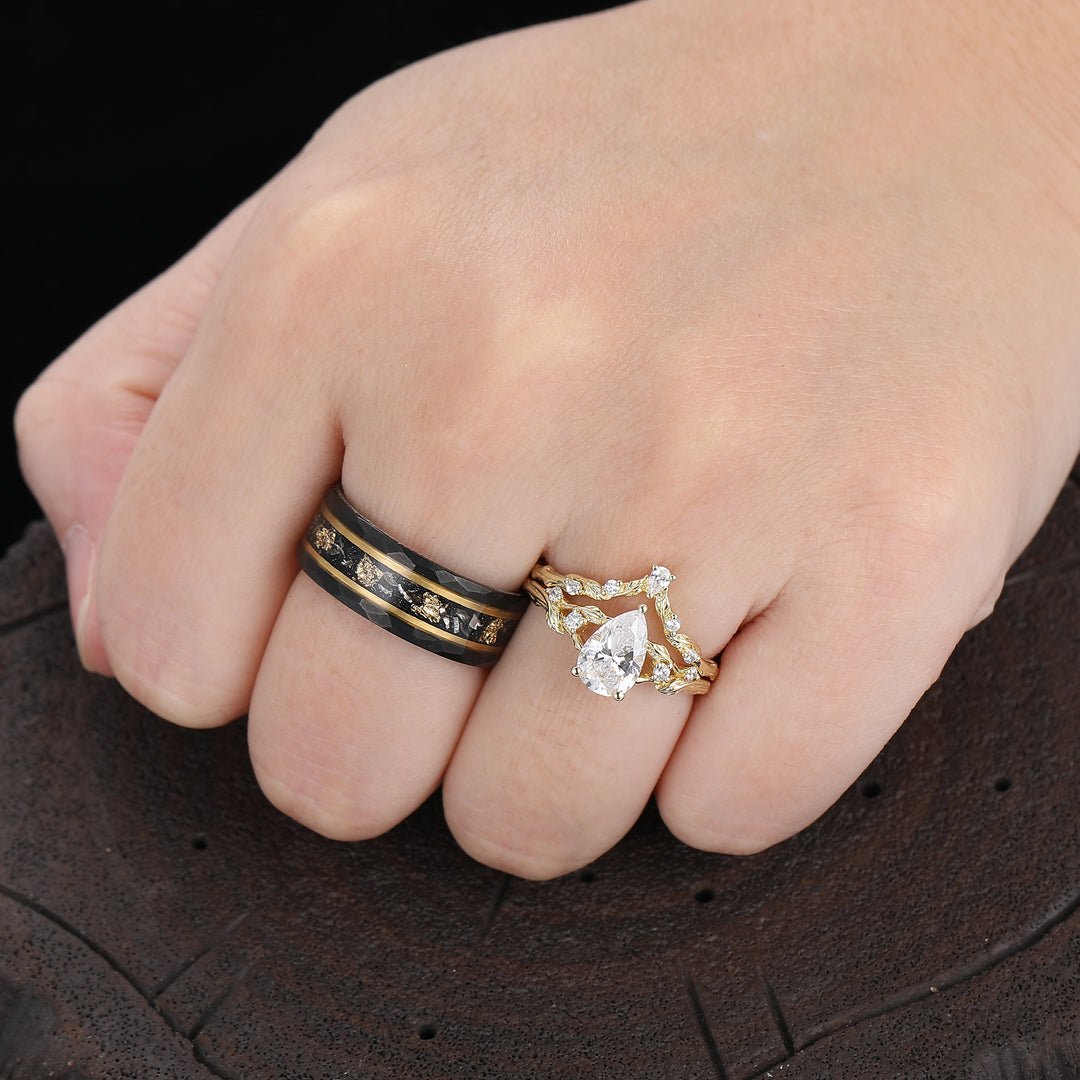 Conjunto de Anillos de Pareja con Diseño de Rama de Hoja de Moissanita Chapado en Oro Amarillo Anillos de Matrimonio para Él y para Ella