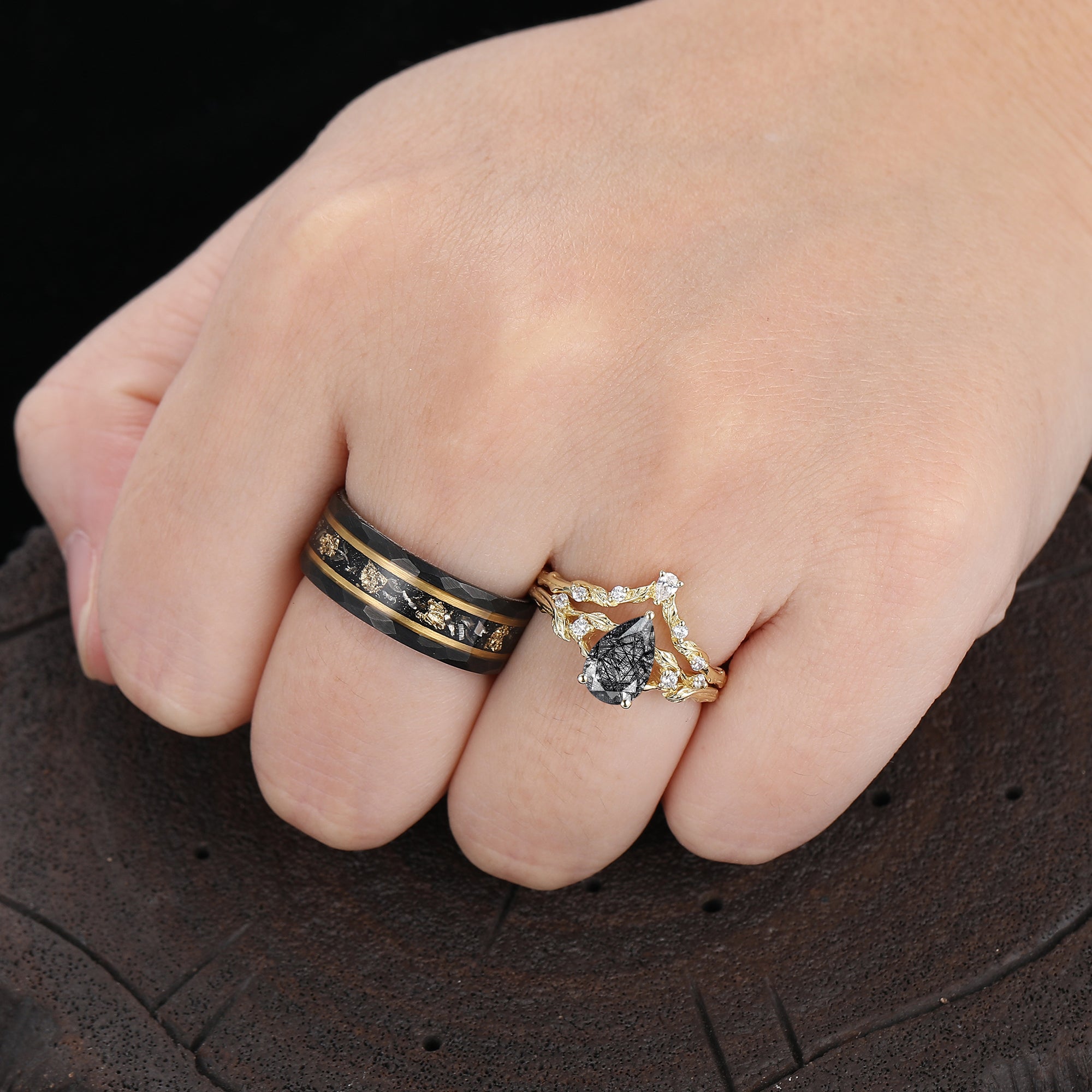Engraved Leaf Pear Shape Natural Black Rutilated Quartz Couple