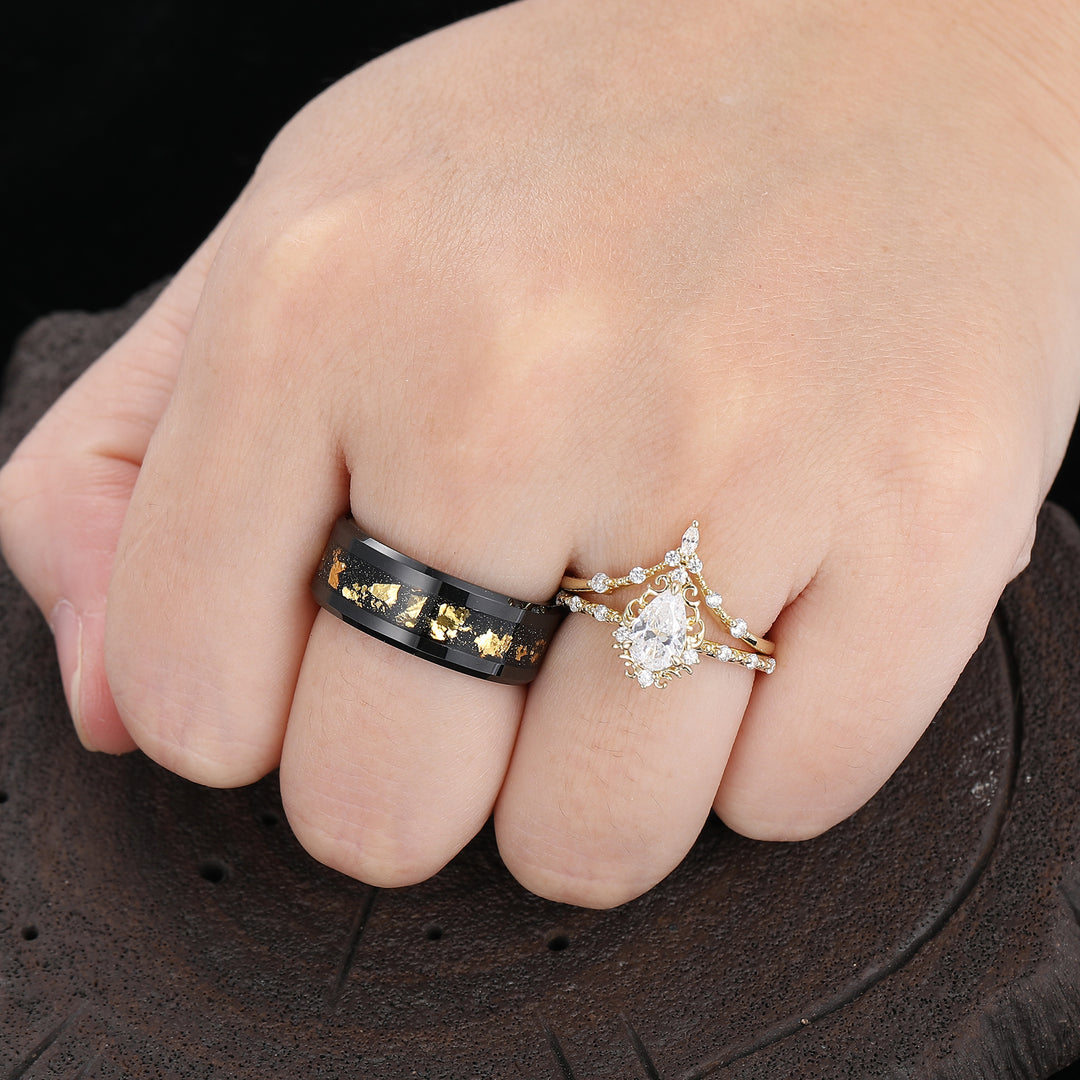 Handmade Pear Cut Moissanite Milgrained Couple Ring Set Vintage Scrolled His And Hers Rings