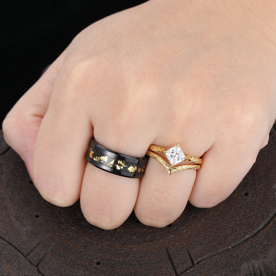 Solitaire Square Cut Moissanite Ring Set Baroque-inspired Scrollwork Engraved Couple Rings