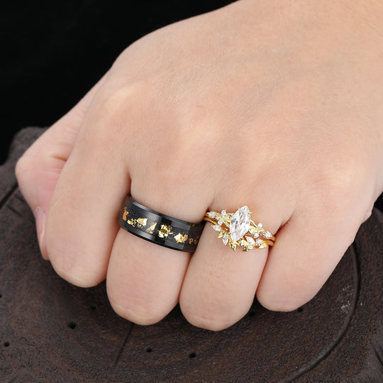 Vintage Marquise Cut Leafy Moissanite Matching Ring Set Unique Nature Inspired Couple Rings