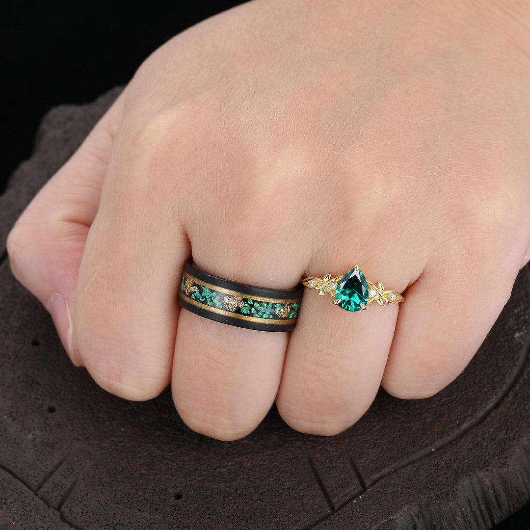 Anelli Coppia Rametto di Foglia di Smeraldo Verde Anelli Coordinati Verdi per Donna e Uomo