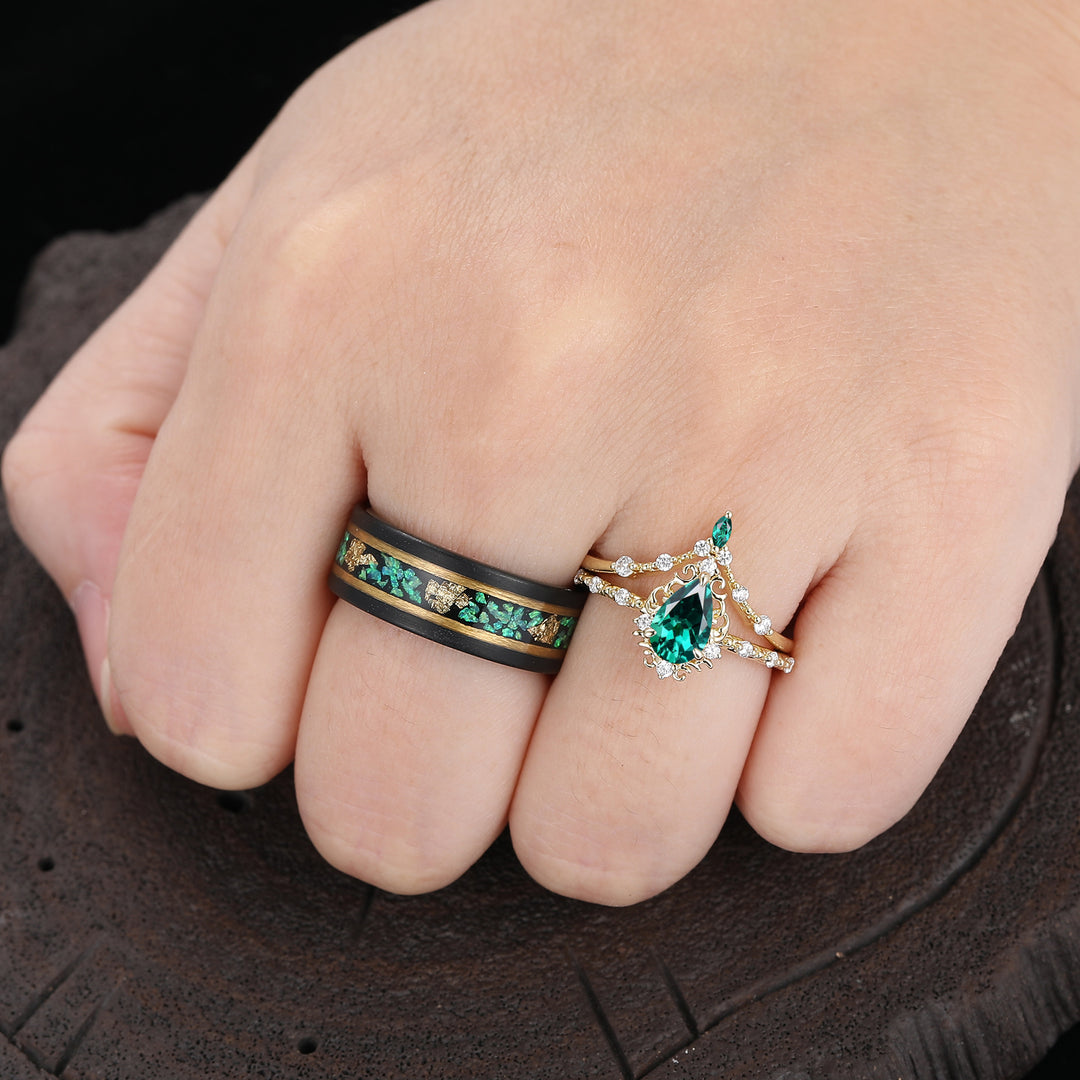 Vintage Pear Cut Green Emerald Couple Ring Set Filigreed Yellow Gold Plated Rings For Him And Her