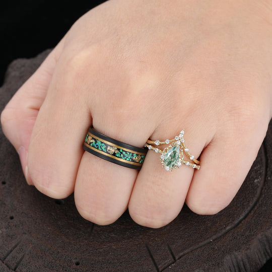 Antieke natuurlijke mosagaat bijpassende ringen voor hem en haar — unieke filigraan set van ringen voor koppels