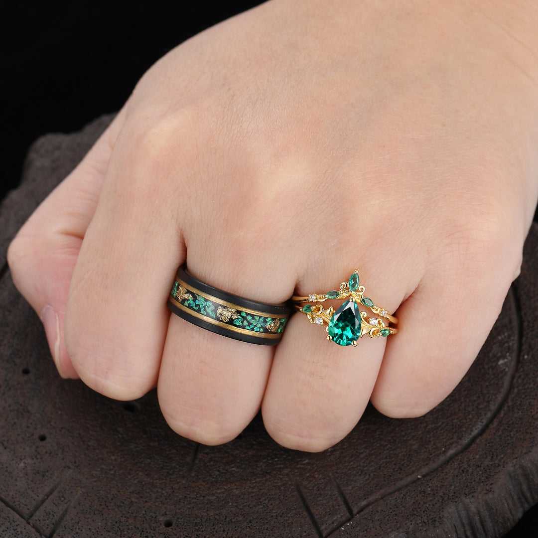 Vintage Pear Shaped Emerald Vine Couple Ring Set Scrollwork Engraved Handmade His And Hers Rings -  Esdomera.com