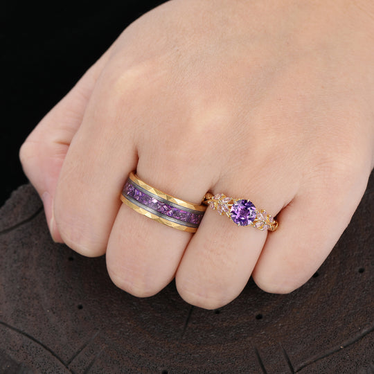 Unique Purple Amethyst Twigs Design Couple Ring Silver And Tungsten Matching Rings