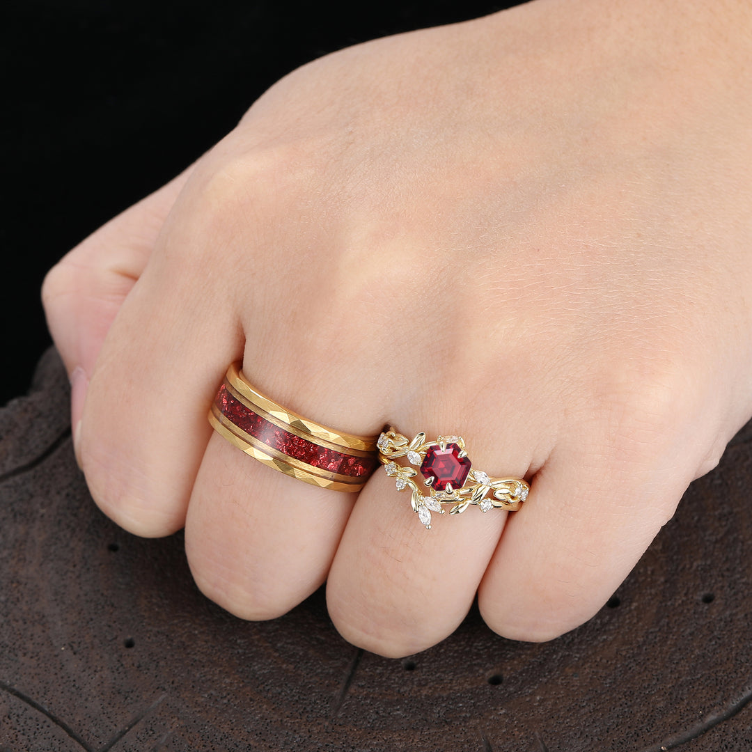 Art Deco Rote Granat Blatt Blumen Paar Ring Set Vintage Gelb Vergoldete Paarring