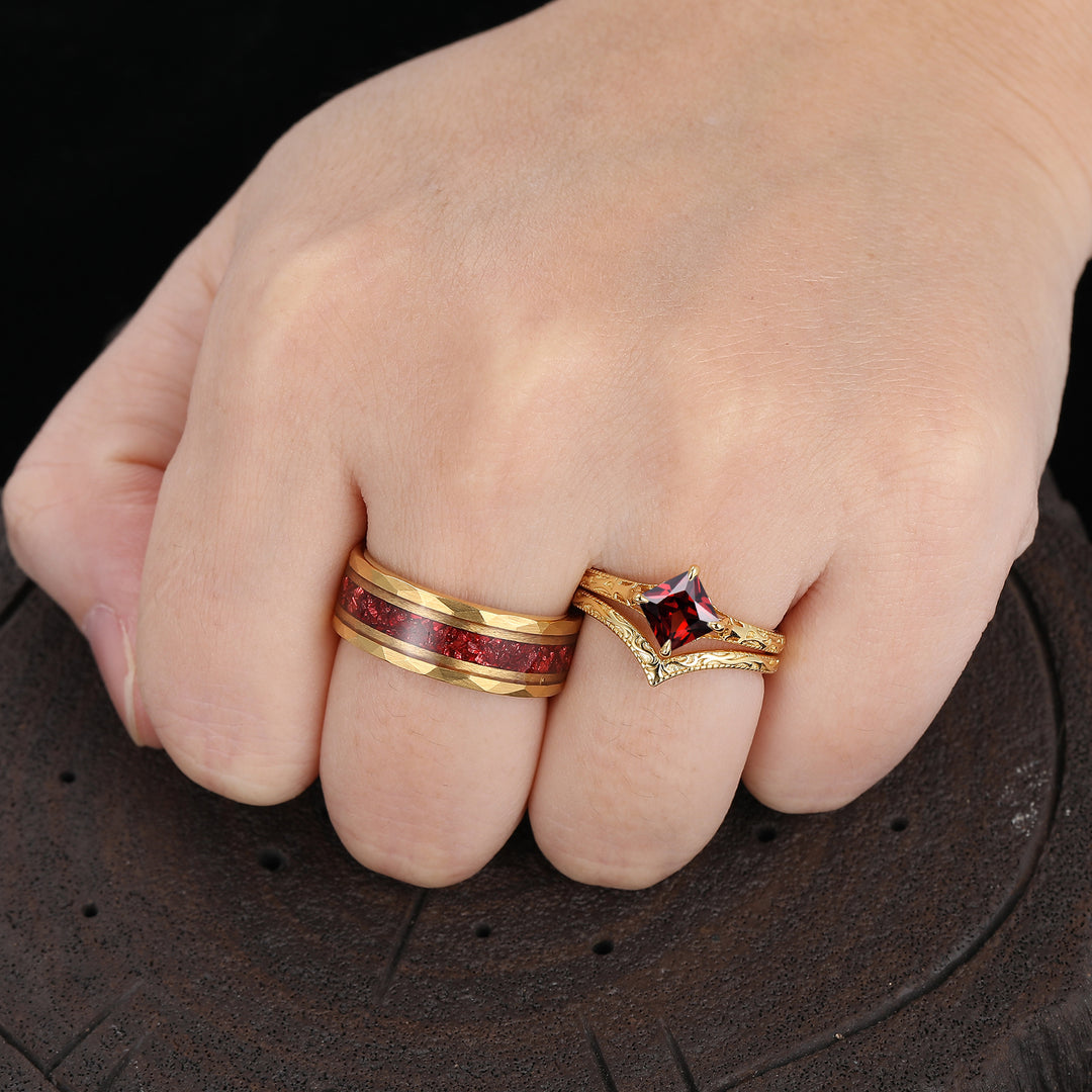 Solitaire Natural Red Garnet Engraved Couple Ring Set Vintage Filigreed Yellow Gold Plated His And Hers Rings