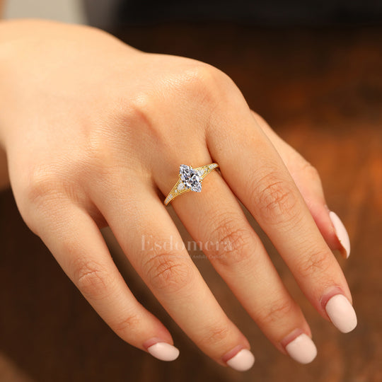 Vigne Filigrane Design Bague de Fiançailles Diamant Synthétique Taille Marquise 14K Or Massif Bague Femme (Certifiée IGI)