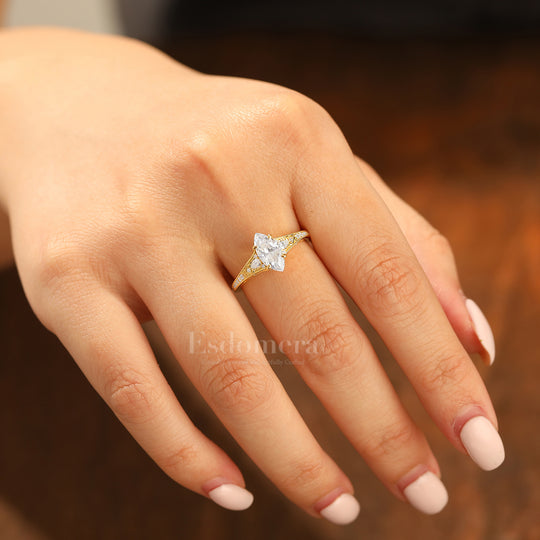 Vintage Marquise Cut Moissanite Filigree Setting Ring Solid Yellow Gold Wedding Ring For Her