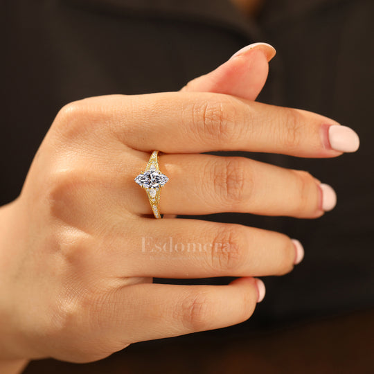 Vigne Filigrane Design Bague de Fiançailles Diamant Synthétique Taille Marquise 14K Or Massif Bague Femme (Certifiée IGI)