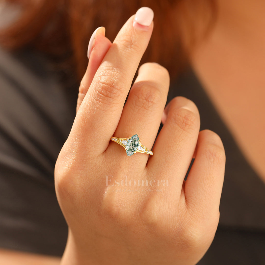 Vintage Marquise Cut Moss Agate Filigree Setting Ring Solid Yellow Gold Wedding Ring For Her