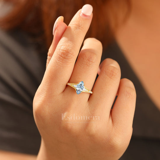 Vintage Marquise Cut Aquamarine Filigree Setting Ring Solid Yellow Gold Wedding Ring