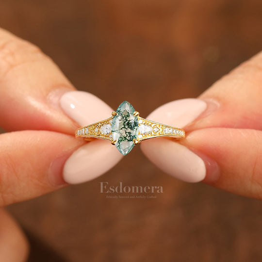 Vintage Marquise Cut Moss Agate Filigree Setting Ring Solid Yellow Gold Wedding Ring For Her