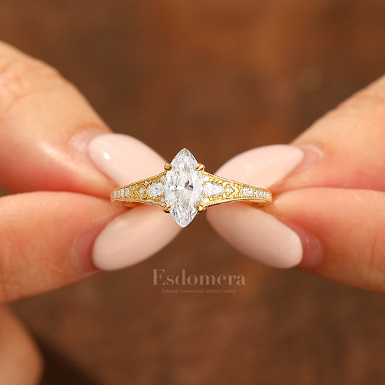 Vintage Marquise Cut Moissanite Filigree Setting Ring Solid Yellow Gold Wedding Ring For Her