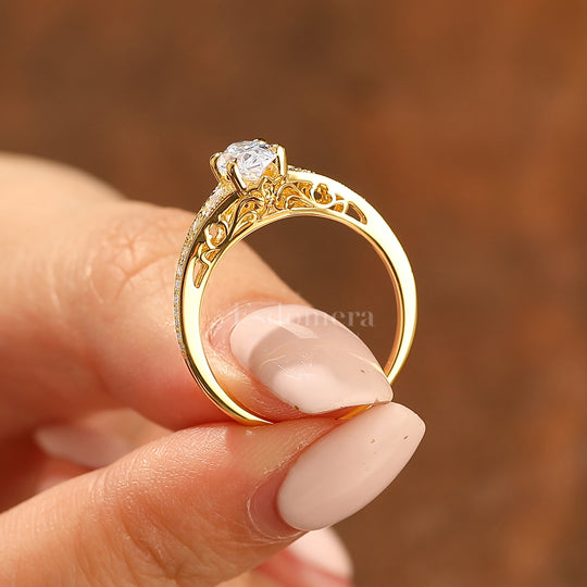 Vintage Marquise Cut Moissanite Filigree Setting Ring Solid Yellow Gold Wedding Ring For Her