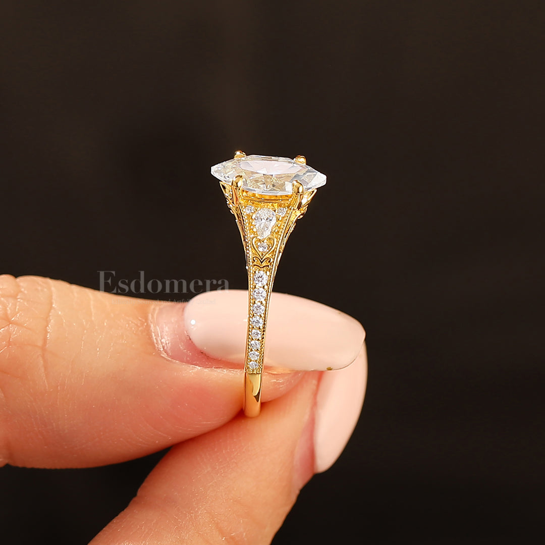 Vintage Marquise Cut Moissanite Filigree Setting Ring Solid Yellow Gold Wedding Ring For Her