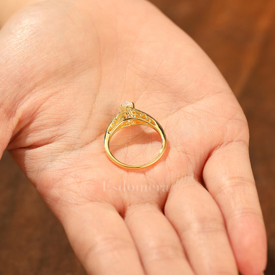 Vintage Marquise Cut Moissanite Filigree Setting Ring Solid Yellow Gold Wedding Ring For Her