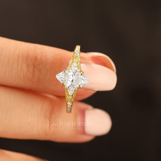 Vintage Marquise Cut Moissanite Filigree Setting Ring Solid Yellow Gold Wedding Ring For Her