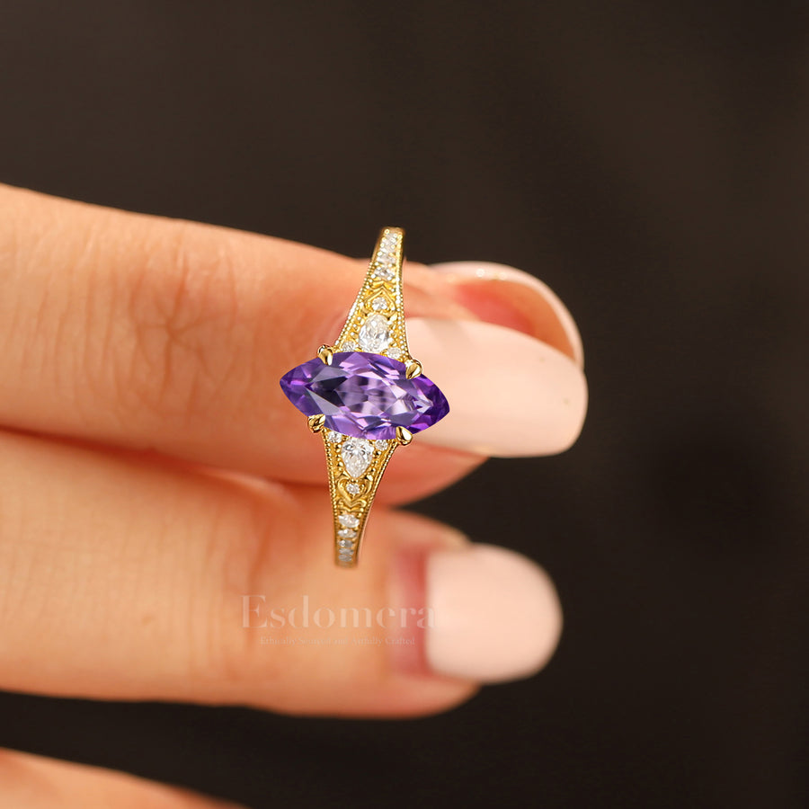 Vintage Marquise Cut Amethyst Filigree Setting Ring Solid Yellow Gold Wedding Ring For Her