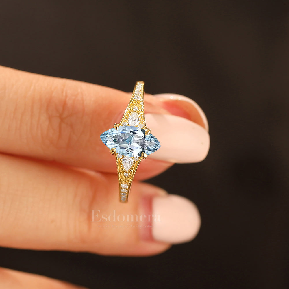 Vintage Marquise Cut Aquamarine Filigree Setting Ring Solid Yellow Gold Wedding Ring