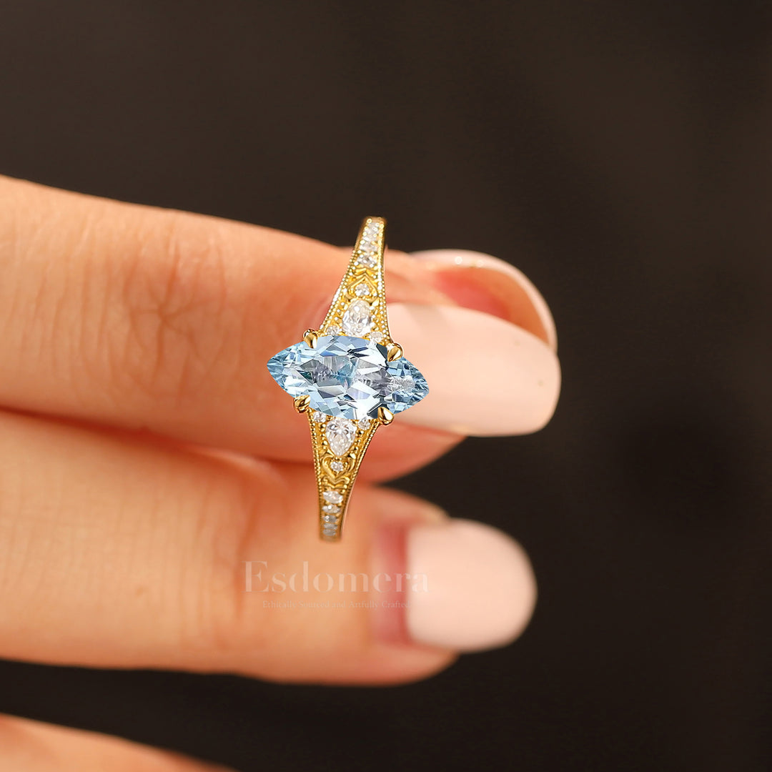 Vintage Marquise Cut Aquamarine Filigree Setting Ring Solid Yellow Gold Wedding Ring