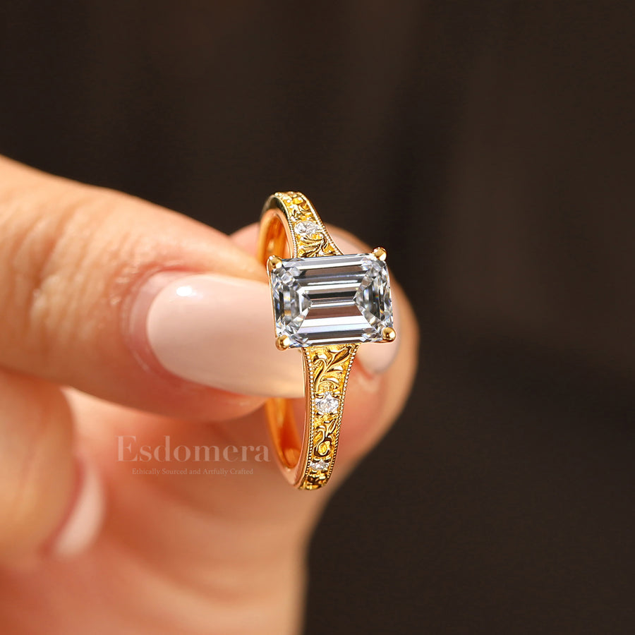 Baroque-inspired Emerald Cut Lab Grown Diamond Ring Filigree Flourish Bridal Ring (IGI Certified)