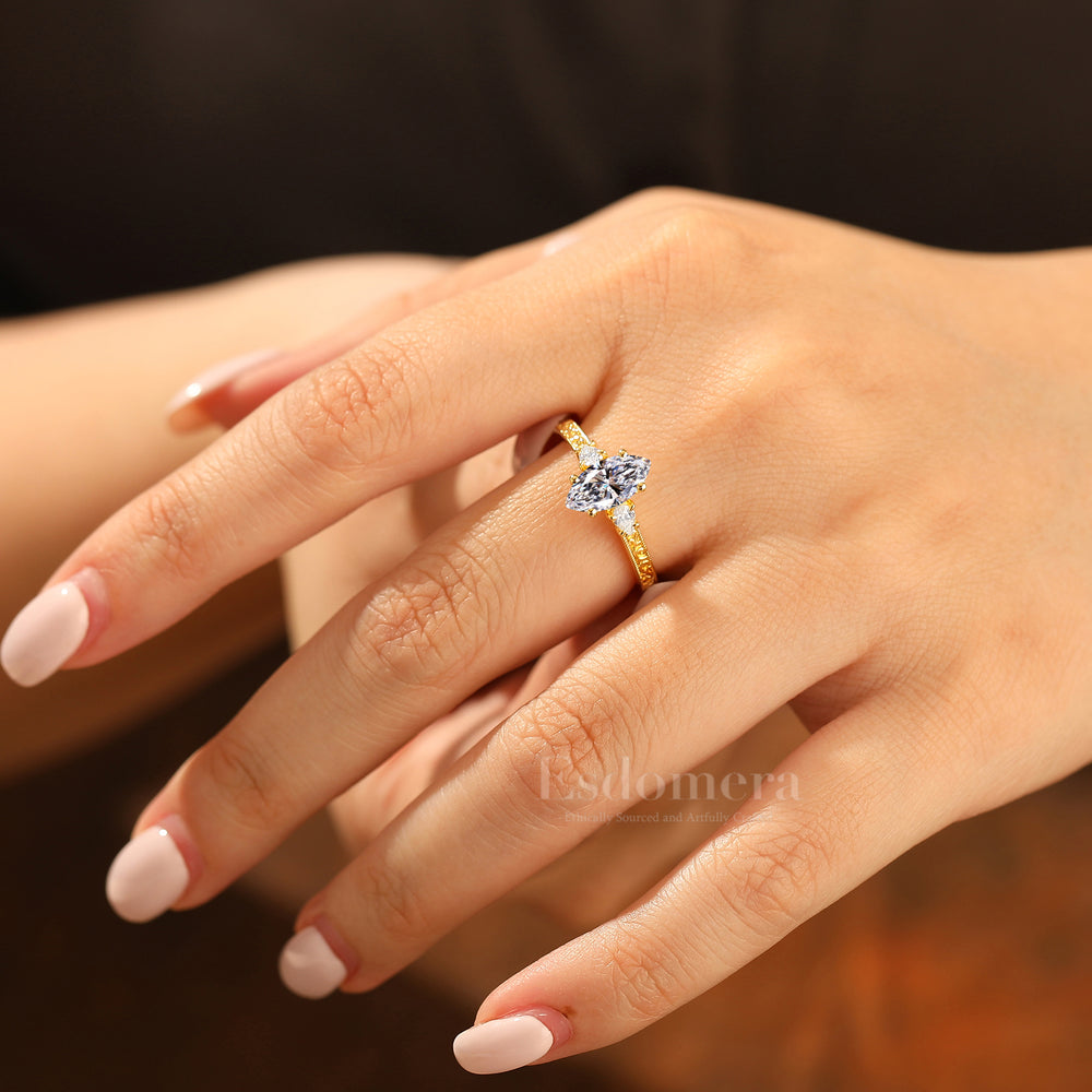 Vintage Anillo de Boda de Filigrana con Diamante Cultivado en Laboratorio de Corte Marquesa de 1CT en Oro Macizo 14K (Certificado IGI)