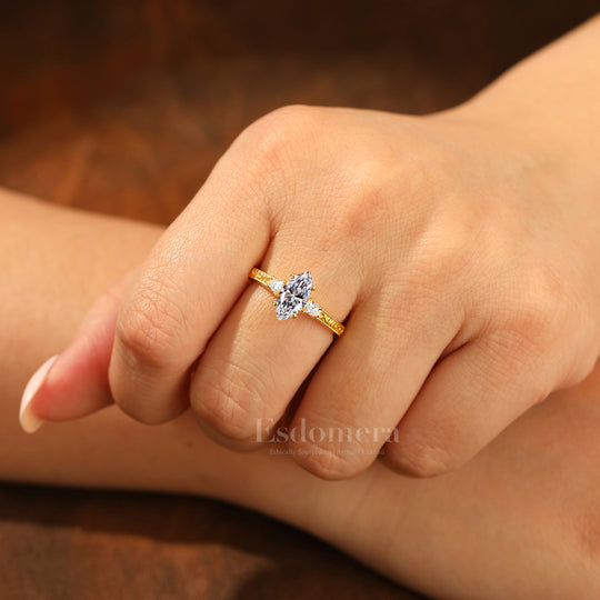 Vintage 14K Solid Gold 1CT Marquise Cut Lab Grown Diamond Ring Filigree Wedding Ring (IGI Certified)