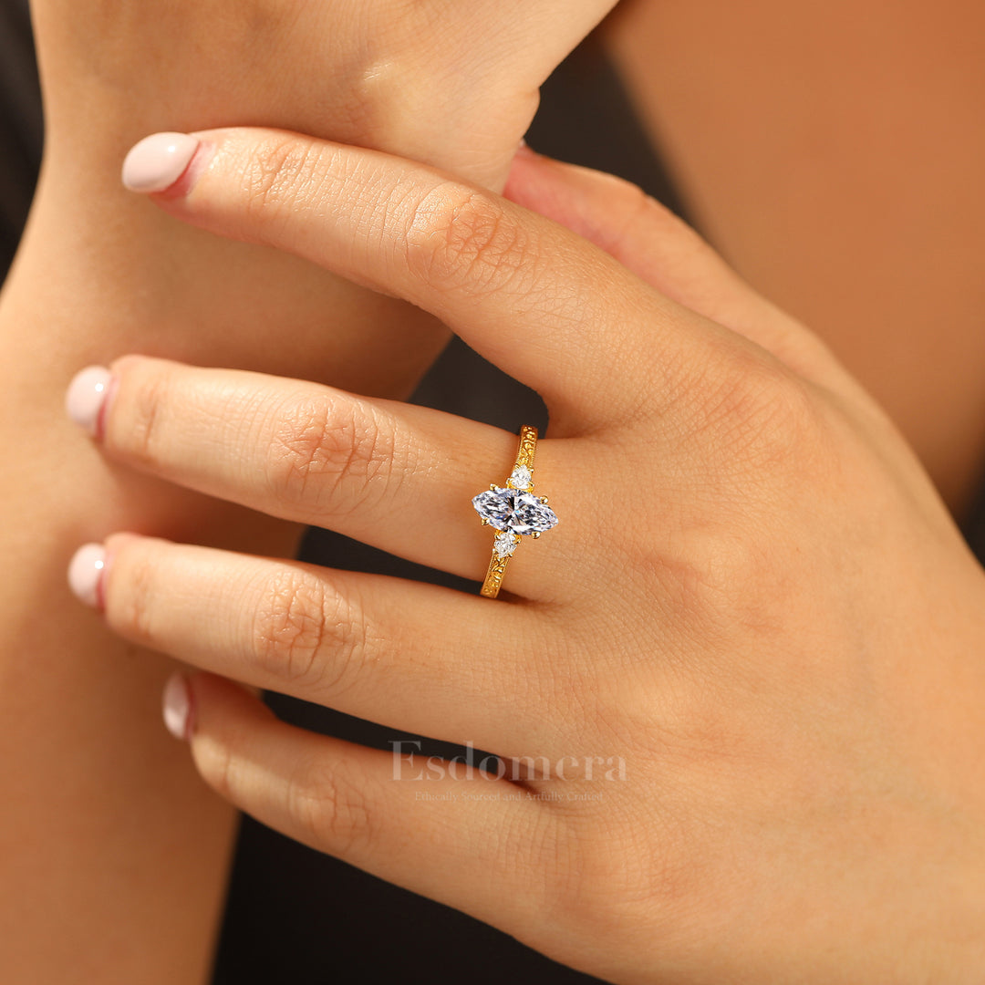 Vintage 14K Solid Gold 1CT Marquise Cut Lab Grown Diamond Ring Filigree Wedding Ring (IGI Certified)