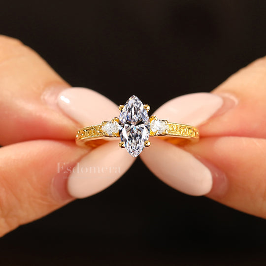 Vintage 14K Solid Gold 1CT Marquise Cut Lab Grown Diamond Ring Filigree Wedding Ring (IGI Certified)