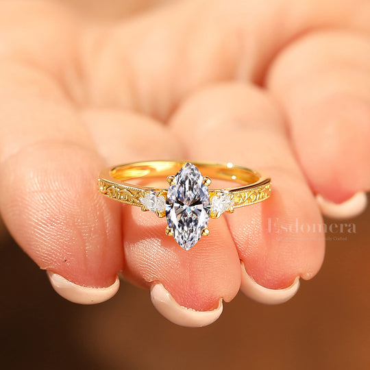 Vintage 14K Solid Gold 1CT Marquise Cut Lab Grown Diamond Ring Filigree Wedding Ring (IGI Certified)