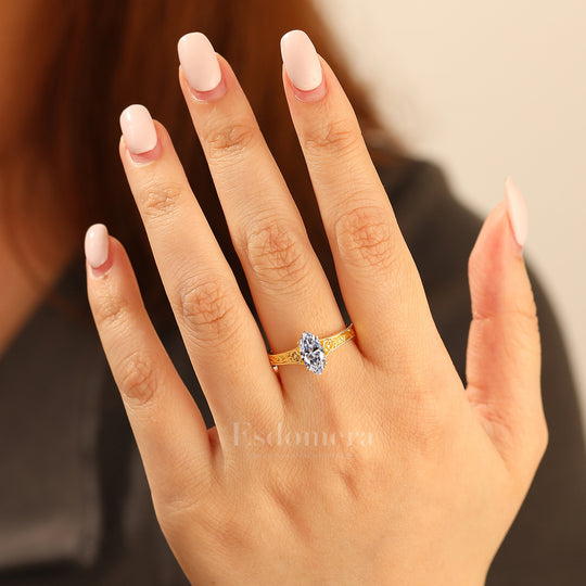 Antieke Stijl Solitaire Marquise Geslepen Lab-Gegroeide Diamanten Ring Rozen Gravure Band Verlovingsring (IGI Gecertificeerd)