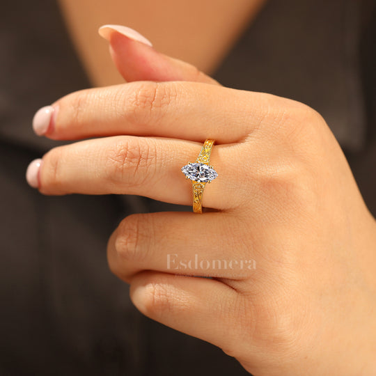 Antieke Stijl Solitaire Marquise Geslepen Lab-Gegroeide Diamanten Ring Rozen Gravure Band Verlovingsring (IGI Gecertificeerd)