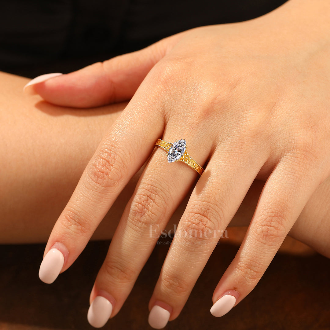 Antieke Stijl Solitaire Marquise Geslepen Lab-Gegroeide Diamanten Ring Rozen Gravure Band Verlovingsring (IGI Gecertificeerd)