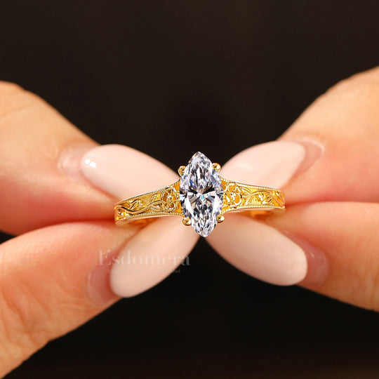 Antieke Stijl Solitaire Marquise Geslepen Lab-Gegroeide Diamanten Ring Rozen Gravure Band Verlovingsring (IGI Gecertificeerd)