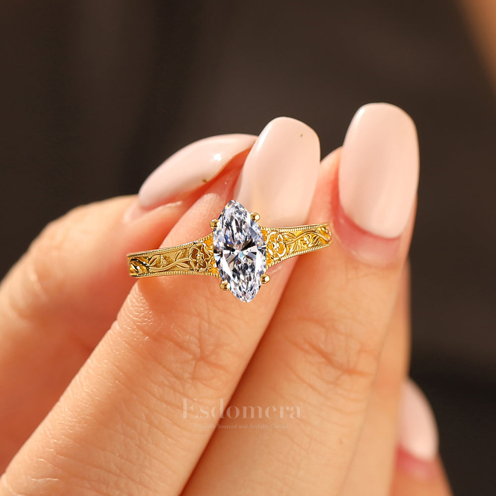 Antique-Style Solitaire Marquise Cut Lab Grown Diamond Ring Rose Carving Band Engagement Ring (IGI Certified)