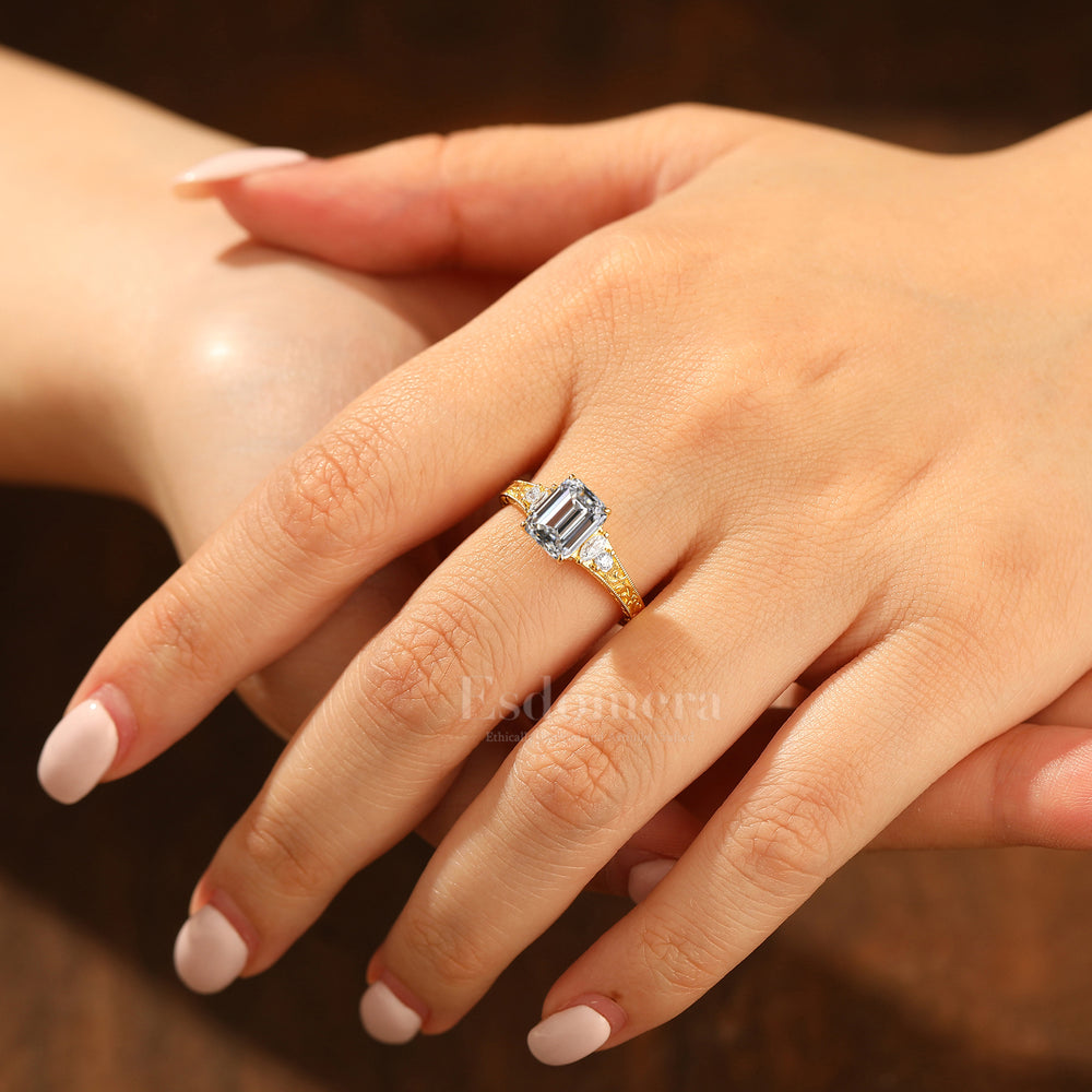 Unique Cluster Emerald Shape Lab Grown Diamond Ring Solid Yellow Gold Scrollwork Ring (IGI Certified)