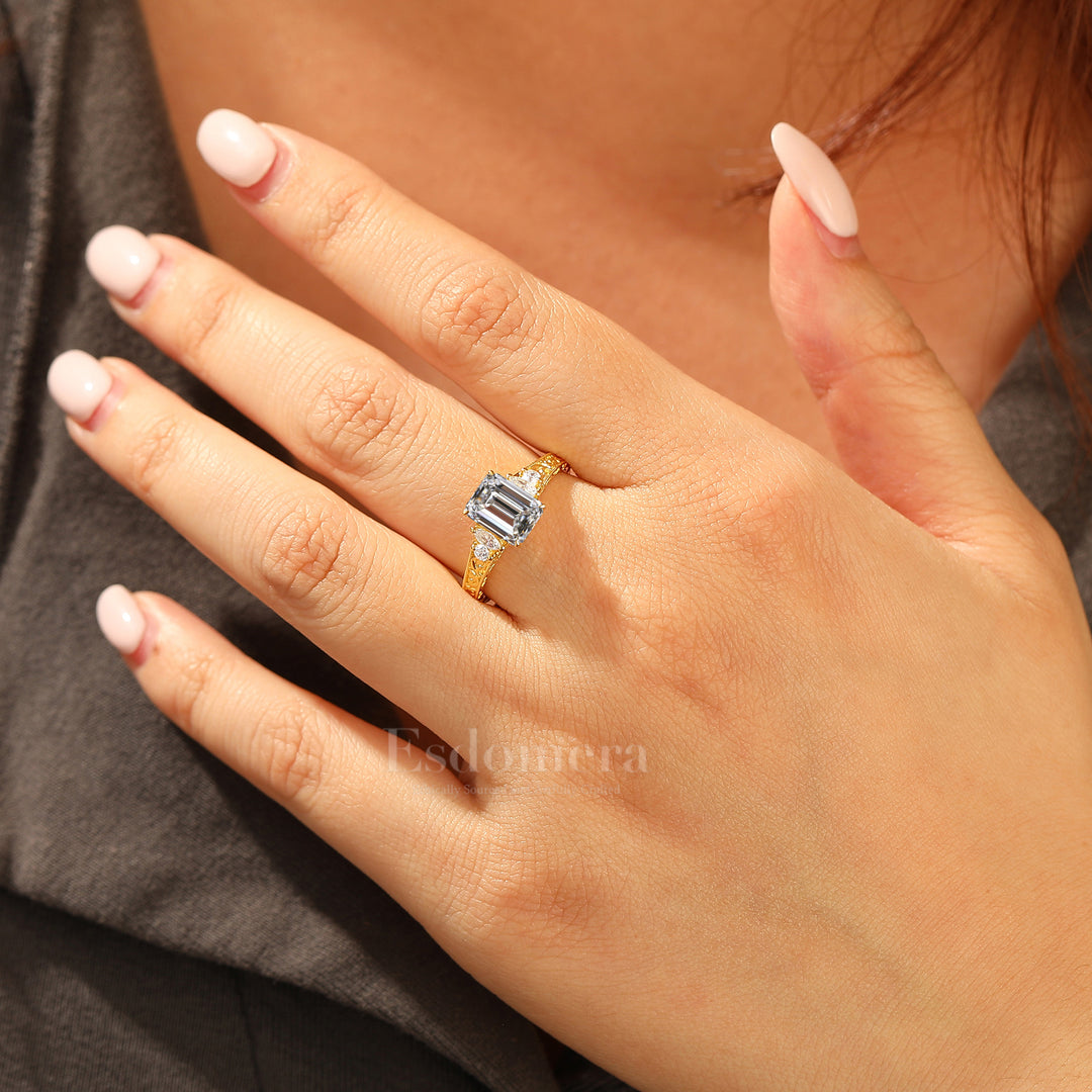 Unique Cluster Emerald Shape Lab Grown Diamond Ring Solid Yellow Gold Scrollwork Ring (IGI Certified)