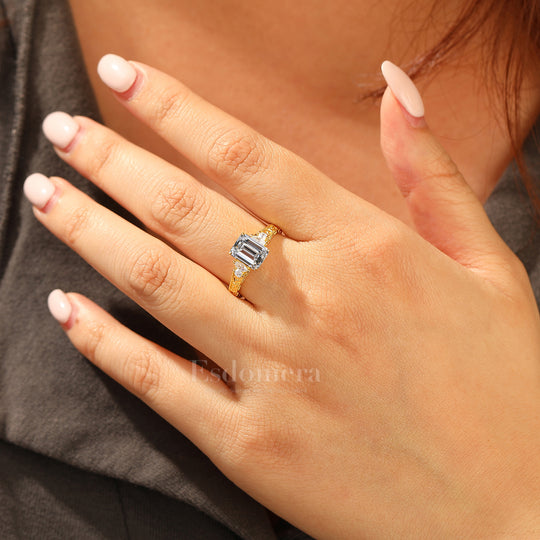 Unique Cluster Emerald Shape Lab Grown Diamond Ring Solid Yellow Gold Scrollwork Ring (IGI Certified)