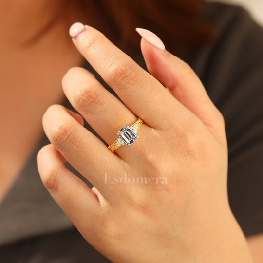 Unique Cluster Emerald Shape Lab Grown Diamond Ring Solid Yellow Gold Scrollwork Ring (IGI Certified)