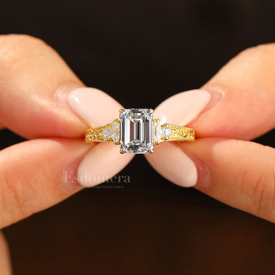 Unique Cluster Emerald Shape Lab Grown Diamond Ring Solid Yellow Gold Scrollwork Ring (IGI Certified)