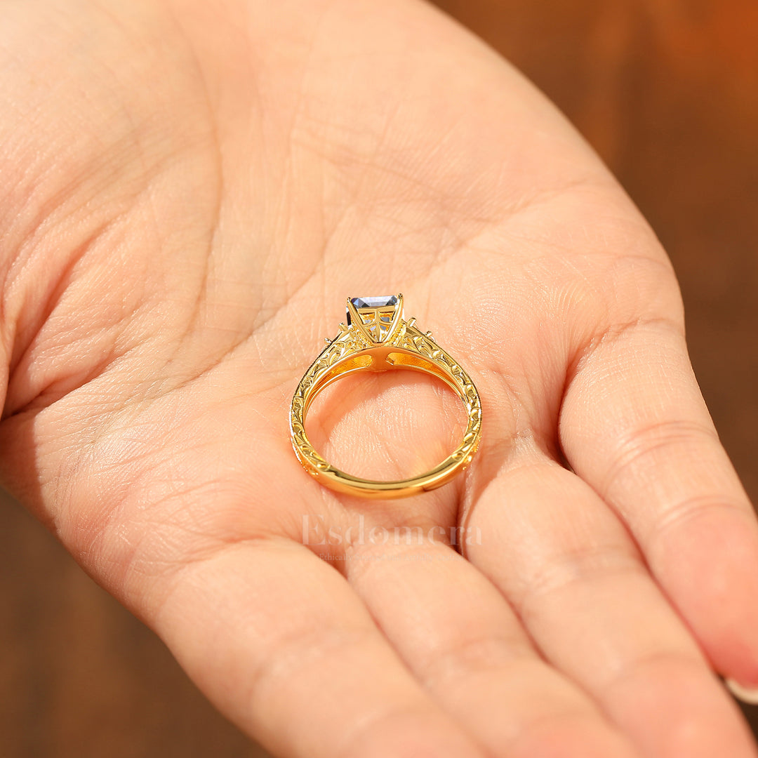 Unique Cluster Emerald Shape Lab Grown Diamond Ring Solid Yellow Gold Scrollwork Ring (IGI Certified)