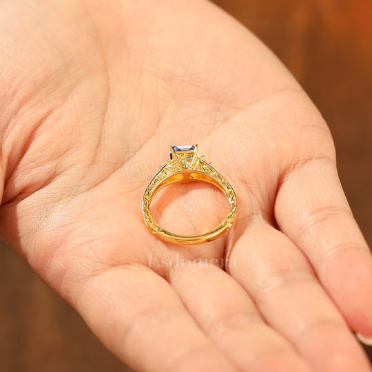 Unique Cluster Emerald Shape Lab Grown Diamond Ring Solid Yellow Gold Scrollwork Ring (IGI Certified)