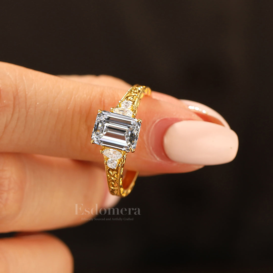 Unique Cluster Emerald Shape Lab Grown Diamond Ring Solid Yellow Gold Scrollwork Ring (IGI Certified)