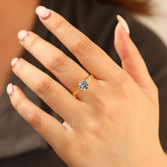 4 Prongs Solitaire Round Lab Grown Diamond Ring Vintage 14K Engraved Floral Women Ring (IGI Certified) -  Esdomera.com