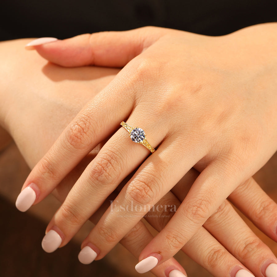 4 Prongs Solitaire Round Lab Grown Diamond Ring Vintage 14K Engraved Floral Women Ring (IGI Certified)