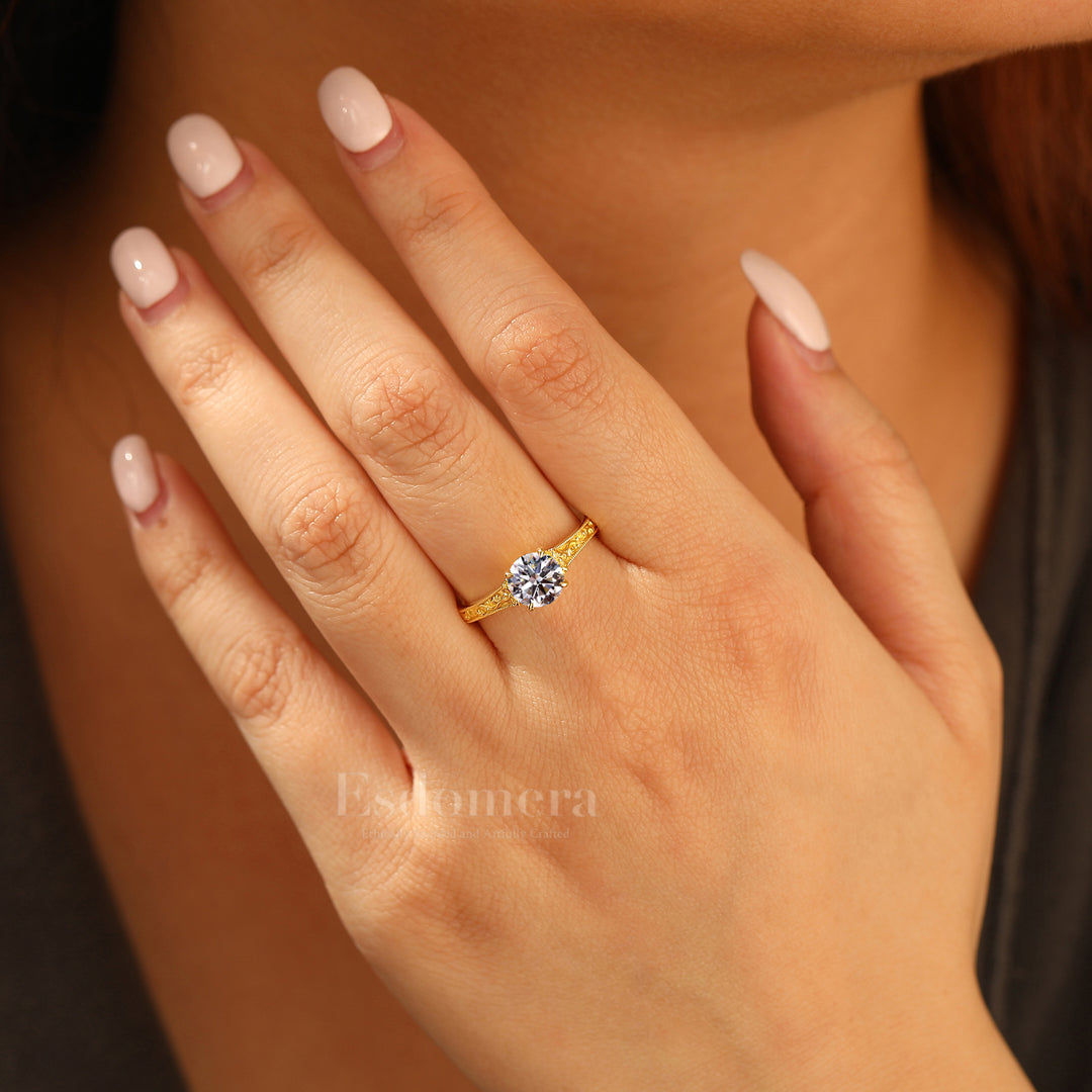 4 Prongs Solitaire Round Lab Grown Diamond Ring Vintage 14K Engraved Floral Women Ring (IGI Certified) -  Esdomera.com