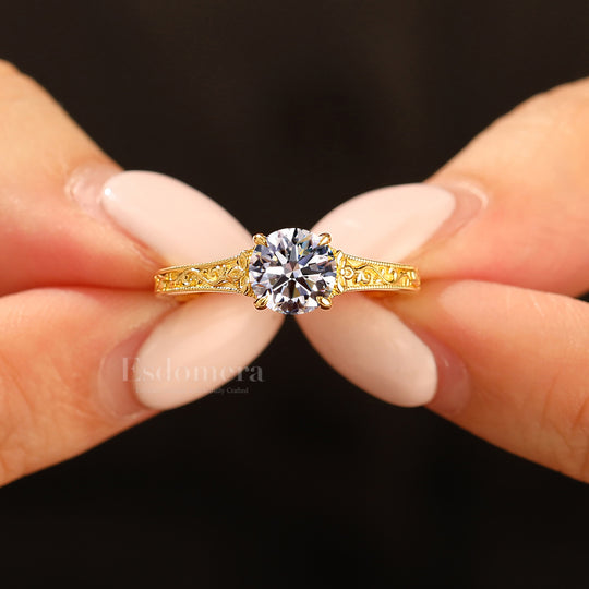 4 Prongs Solitaire Round Lab Grown Diamond Ring Vintage 14K Engraved Floral Women Ring (IGI Certified) -  Esdomera.com